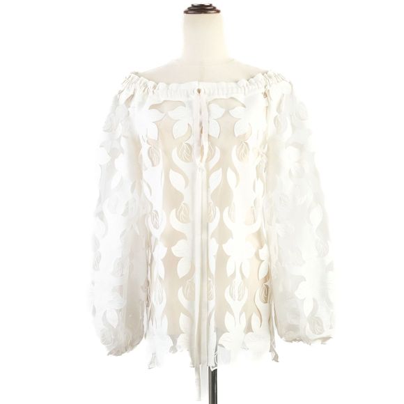 Excellent Anne Fontaine White Sheer Blouse Size M Floral Cut-Out